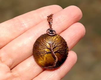 Tree of Life Wire Wrapped Amethyst/Tigers Eye Pendant, Copper Witchy Necklace Forest Talisman for Wicca, Meditation and Spiritual Connection