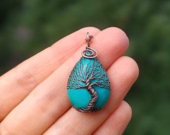 Tree Of Life Copper Pendant with Turquoise, Wire Wrapped Protection Forest Talisman Necklace, Norse Pagan Jewelry, Viking Gifts for Men