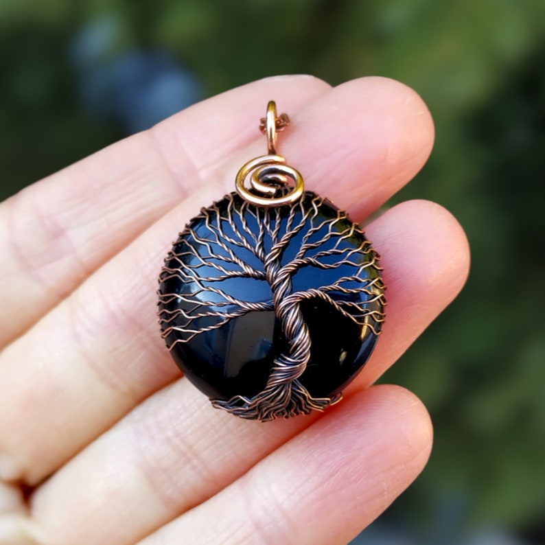 Black Onyx Tree Of Life Pendant, Viking Wire Wrapped Yggdrasil Jewelry, Celtic Protection Amulet Necklace, Copper Tree Of Life Jewelry image 1