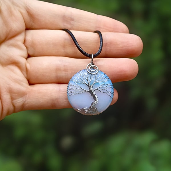 11th Anniversary Gift for Her: Opalite Steel Tree Of Life Pendant Necklace, Protection Forest Talisman Necklace, Steel Anniversary Gift