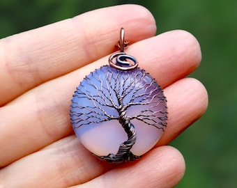 Witchy Forest Talisman: Copper Wire Wrapped Tree of Life Necklace with Wiccan Elements, Invoking Spiritual Connection and Positive Energy