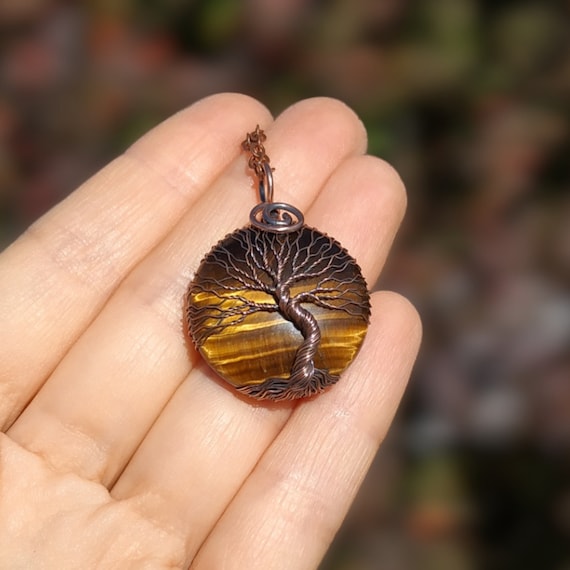 Tigers Eye Necklace for Her, Tigers Eye Pendant Copper Necklace for Men 