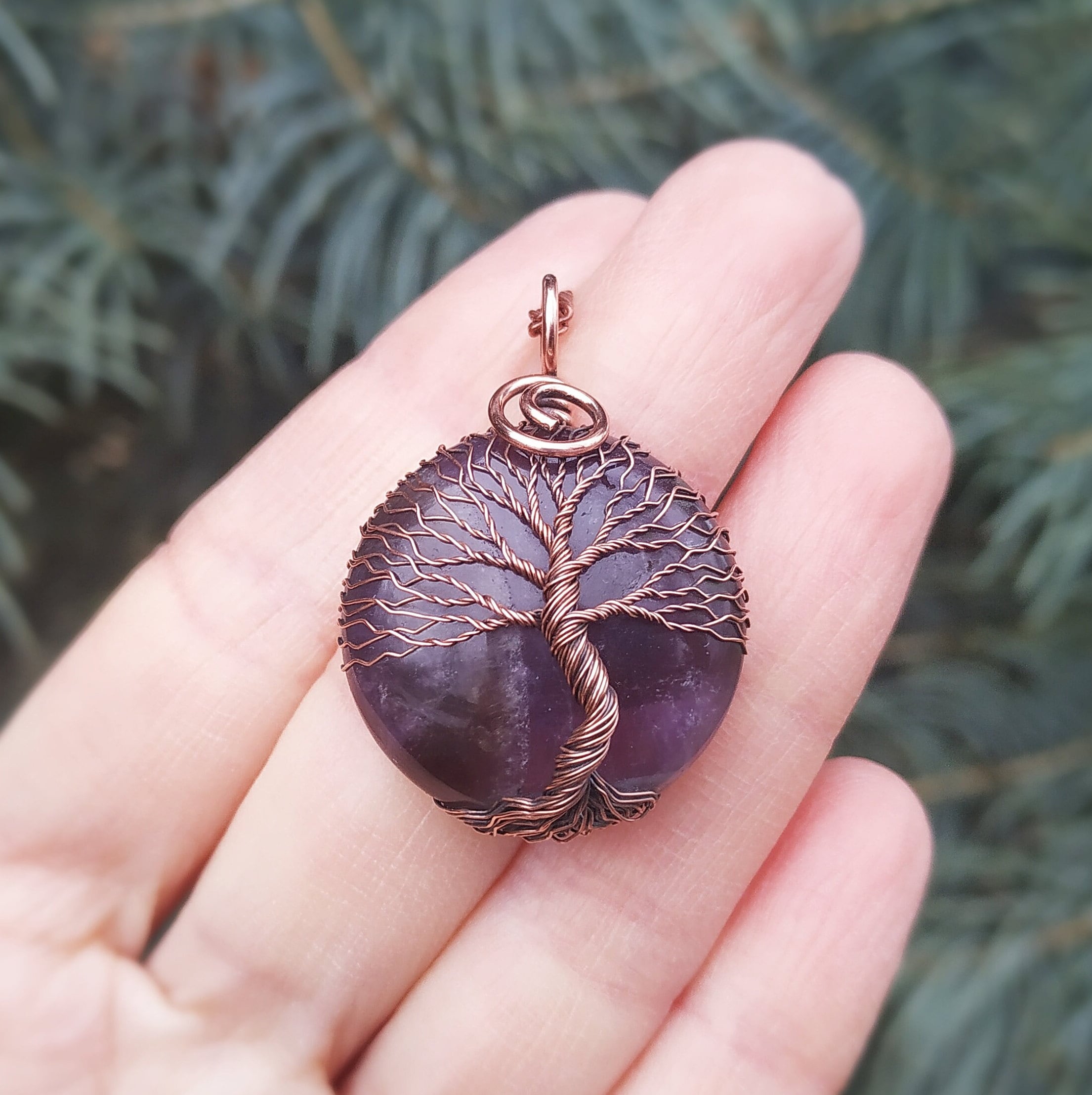 Full Moon Amethyst Wire Wrap Necklace Copper Wire Wrapped Tree of