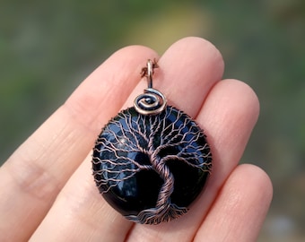 Black Onyx Tree Of Life Wire Wrapped Pendant, 7th Anniversary Gift for Husband, 7th Wedding Gift for Him, 7 Year Copper Anniversary Gift