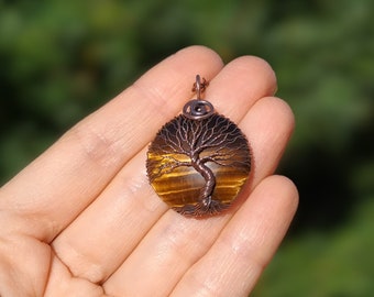 Tigers Eye Necklace 7th Anniversary Gift for Her: Symbol of Fortitude and Growth, Tree Of Life Wire Wrapped Pendant, 7 Year Anniversary Gift