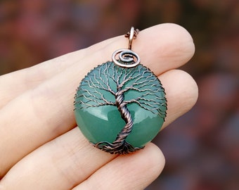 Green Aventurine Tree Of Life Pendant Forest Necklace, 7th Anniversary Husband Gift, 7 Year Anniversary Gift for Husband, Copper Anniversary