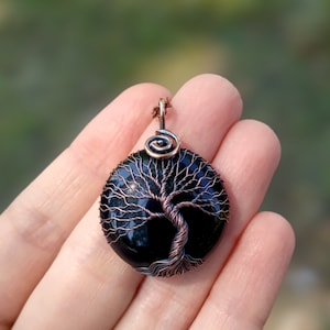 Tree Of Life Protection Necklace with Black Onyx Stone, Wire Wrapped Copper Jewelry for Empath Protection and Grounding, Crystal Pendant image 1