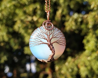 Tree of Life Empath Protection Opalite Necklace, 22nd Anniversary Gift for Women, 7th Copper Anniversary Necklace Gift for Her, Seventh Gift