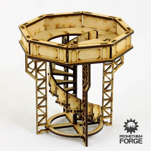 May include: A wooden model of a tower with a spiral staircase. The tower is made of laser-cut wood and has a platform at the top. The tower is approximately 25 cm tall.