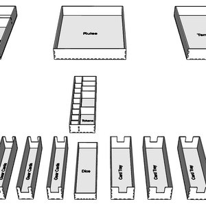 May include: A set of nine white cardboard trays for organising game components. The trays are labelled with the following: Locations, Rules, Terrain, Tokens, Gear Cards, Dice, and Card Tray.