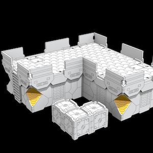 May include: A white modular building set with a hexagonal floor and yellow accents. The set includes a large building with a raised platform and two smaller buildings.