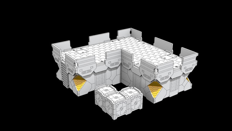 Op de afbeelding: Een witte modulaire bouwset met een zeshoekige vloer en gele accenten. De set bevat een groot gebouw met een verhoogd platform en twee kleinere gebouwen.