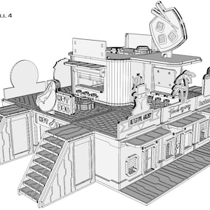 May include: A black and white line drawing of a strip mall with four different shops. The shops are labelled "Hot Dog", "Detective Agency", "Tasty Mystery", and "Occult Items".