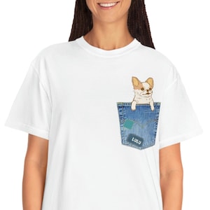 Pocket Puppy Long haired CHIHUAHUA in denim pocket Garment-Dyed T-shirt | PERSONALIZE  NAME Available | Teacup Puppy | Gift for Fur Parent
