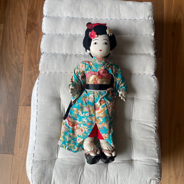 Vintage Japanese Geisha Rag Doll in Kimono with Wooden Sandals | Handmade Geisha Doll in Full Costume