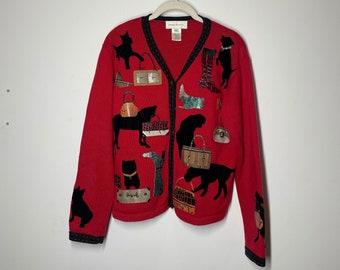 Vintage 1990's SUSAN BRISTOL Dogs, Bags, & Boots Embellished Sweater | Ugly Christmas Cardigan | Grannycore | Cottagecore