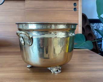 Vintage MCM 1970's Rustic Brass with Handles and Footed Plant Holder |Footed Flared Bowl| Boho| Bloomcore