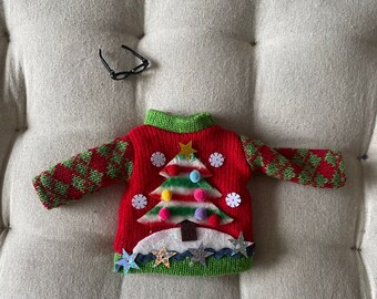 Vintage HANDMADE Barbie Doll CHRISTMAS Holiday Ugly SWEATER Christmas Tree and Hinged Black Cat Reproduction Eye Glasses