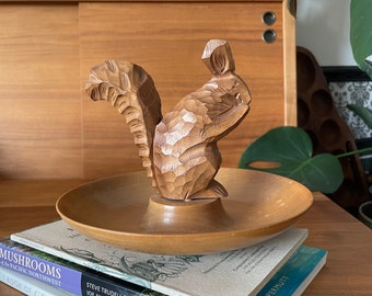 Vintage MCM 1970's Hand Carved Wooden Squirrel Nut Cracker Holder on a Wooden Dish | Holiday Walnut Bowl | Nut Bowl | Housewarming Gift