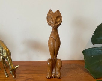 Vintage MCM 1950's Handcarved Teak Cat Sculpture | Shabby Chic | Cottagecore | Kitschy | Cat Figurine | FREE SHIPPING
