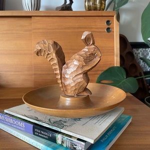 Vintage MCM 1970&#39;s Hand Carved Wooden Squirrel Nut Cracker Holder on a Wooden Dish | Holiday Walnut Bowl | Nut Bowl | Housewarming Gift