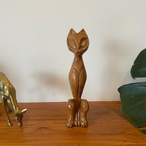 Vintage MCM 1950&#39;s Handcarved Teak Cat Sculpture | Shabby Chic | Cottagecore | Kitschy | Cat Figurine | FREE SHIPPING