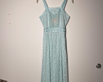 Vintage 1970’s CANDI JONES California Baby Blue Lace Overlay Summer MAXI Dress | Boho Chic | Hippie Disco Queen Dress Cottagecore