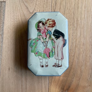 Vintage Mid-Century 1930's-1950's BLUE BIRD TOFFEE, Harry Vincent Ltd. Signed Art | Little Boy Kissing Girl on the Cheek Advertising Tin