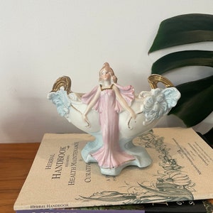 ANTIQUE 1920&#39;s Bisque Porcelain ART NOUVEAU German Hand-painted Figurine Nymph Pink Flower Vase Bowl | Table Centerpiece | Art Deco