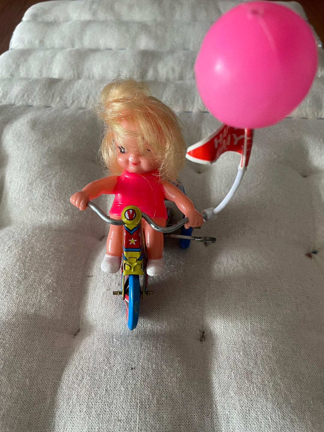 Vintage 1970 #39 s WIND UP Girl on Tricycle With Working BELL Wind up