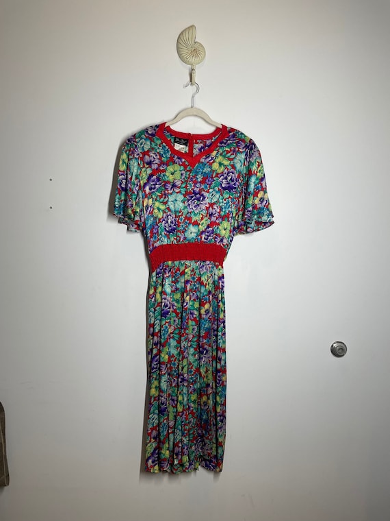 Vintage 1980's DIANE FRES Red FLORAL Silk Dress | 