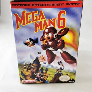 May include: A red and blue Nintendo Entertainment System game cartridge box featuring Mega Man 6. The box shows Mega Man flying through the air with a blue bird flying behind him. The box has a white Nintendo logo and the text "Official Nintendo Seal of Quality" in a white box with a red Nintendo logo.