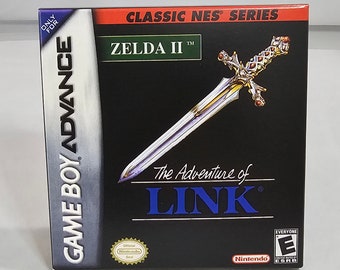 May include: Game Boy Advance game cartridge case for Zelda II: The Adventure of Link. The case is black with a gold sword design and the game title in white text. The ESRB rating is Everyone.