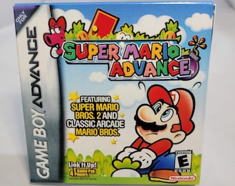 May include: A blue Game Boy Advance game cartridge case with a colorful image of Super Mario on the front. The case features the text "Super Mario Advance" and "Featuring Super Mario Bros. 2' and Classic Arcade Mario Bros."