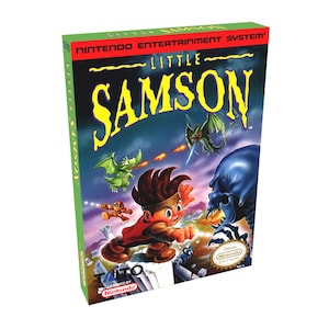 May include: A retro "Little Samson" video game box for the Nintendo Entertainment System. The box art shows a cartoon boy, dragons, and a monster. The title is in yellow, with a green border.