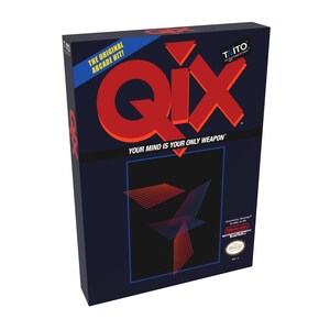 Peut inclure: Une boîte de cartouche de jeu vidéo rétro pour le système de divertissement Nintendo. La boîte est bleue avec un design rouge et noir. Le titre du jeu est "Qix" et le texte "The Original Arcade Hit!" est imprimé sur la boîte. La boîte présente également le texte "Your mind is your only weapon."