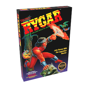 May include: A video game box for "Rygar" by Tecmo. The box art features a muscular warrior in red and blue, wielding a fiery weapon. The title is in large yellow and red letters, with the Nintendo logo visible.