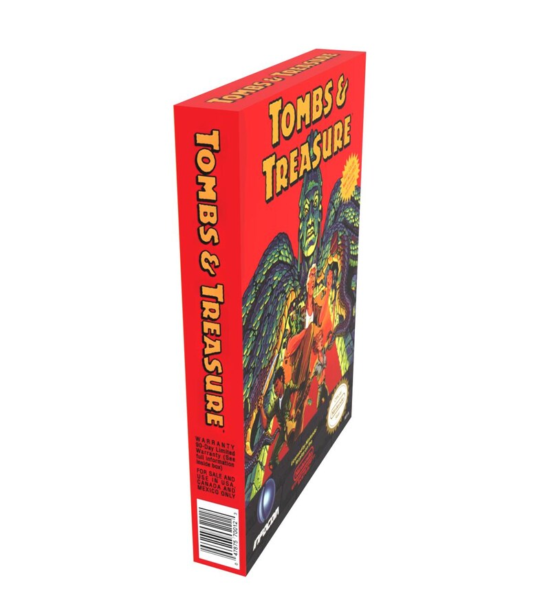 May include: A red and black video game cartridge box with the title "Tombs & Treasure" and a graphic of a green monster with wings.