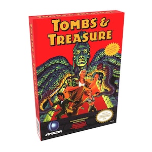 May include: A red box with the title "Tombs & Treasure" and a colorful illustration of a snake-like creature with a human head. The box is for a Nintendo game and includes a full-color map.