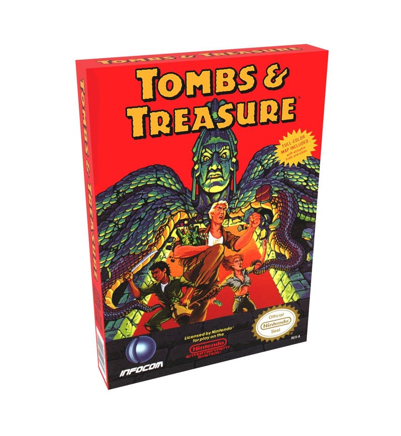 May include: A red box with the title "Tombs & Treasure" and a colorful illustration of a snake-like creature with a human head. The box is for a Nintendo game and includes a full-color map.