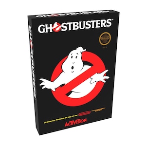 May include: A black Nintendo Entertainment System game cartridge with a red and white Ghostbusters logo. The logo features a ghost with a surprised expression. The text "Ghostbusters" is printed in white on a black background. The text "Licensed by Nintendo for play on the Nintendo Entertainment System" is printed in white on a black background. The text "Activision" is printed in white on a red background.