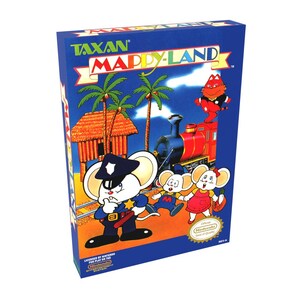以下が含まれることがあります： 「Taxan' Mappy-Land」と題された、任天堂エンターテイメントシステム（NES）用の青と黄色のゲームカートリッジボックス。箱には、警官のネズミ、電車、猫の漫画の画像が描かれています。