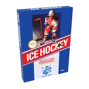 May include: A blue and red Nintendo Entertainment System game cartridge box featuring a hockey player on the front. The box reads "ICE HOCKEY" in large white letters. The game is part of the Nintendo Sports Series.