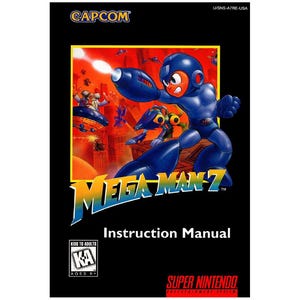 May include: A blue robot character with a red helmet and a yellow face is shooting a laser beam. The robot is standing on a platform with a green alien creature. The text "MEGA MAN 7" is in the foreground. The image is from a Super Nintendo Entertainment System game instruction manual.