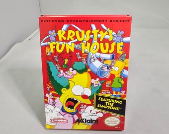 May include: A red, yellow, and blue video game cartridge box for the Nintendo Entertainment System. The box features a cartoon image of Krusty the Clown from The Simpsons. The text on the box reads "Krusty's Fun House Featuring The Simpsons!"