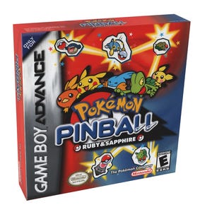 May include: A red, blue, and white Game Boy Advance game box for Pokémon Pinball: Ruby & Sapphire. The box features various Pokémon characters and the game title. The ESRB rating is visible.