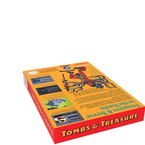 May include: A yellow and red box with the text "Tombs & Treasure" and "Treasure & Terror in the Tombs" on the front. The box features an illustration of a Mayan deity with multiple arms and a blue orb.