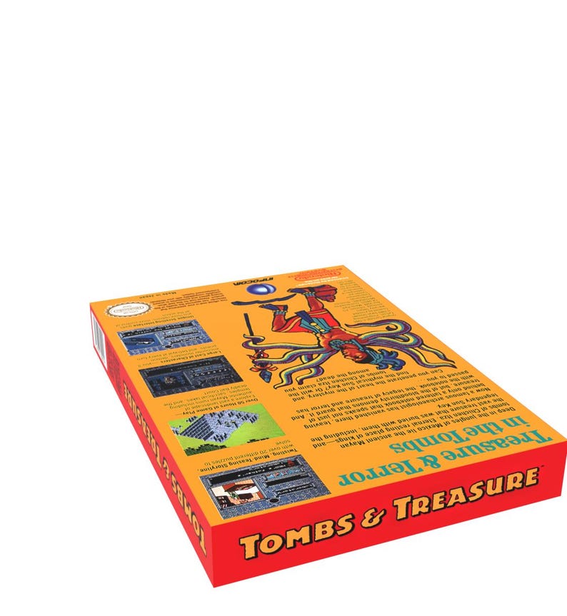 May include: A yellow and red box with the text "Tombs & Treasure" and "Treasure & Terror in the Tombs" on the front. The box features an illustration of a Mayan deity with multiple arms and a blue orb.