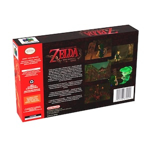 May include: The Legend of Zelda: The Missing Link video game box. The box is primarily dark red and black, with the game's title and logo prominently displayed. The back of the box features screenshots and game details. The Nintendo logo is visible.