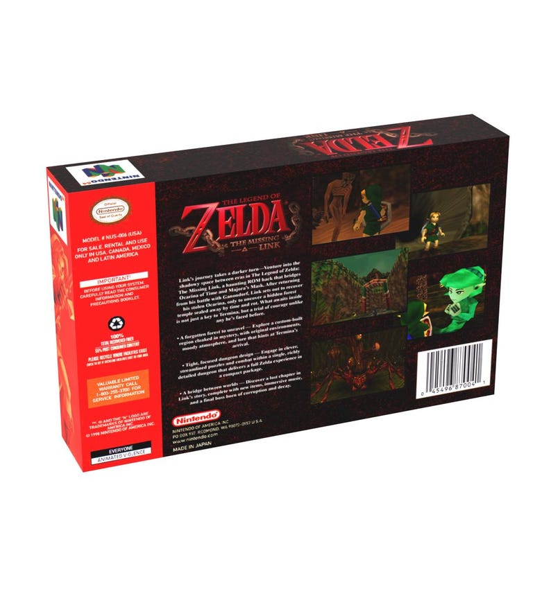 May include: The Legend of Zelda: The Missing Link video game box. The box is primarily dark red and black, with the game's title and logo prominently displayed. The back of the box features screenshots and game details. The Nintendo logo is visible.